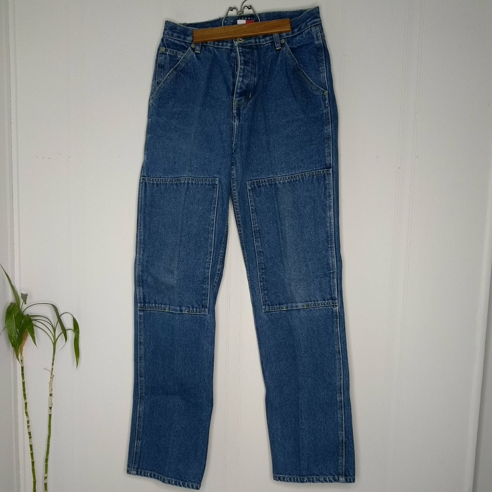 Tommy Hilfiger Blue Jeans Womens Size 9 Cargo Straight Leg Knee Patches